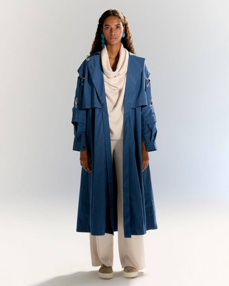 Oversize Mavi Trençkot – Mevsimlik Uzun Kadın Mont
