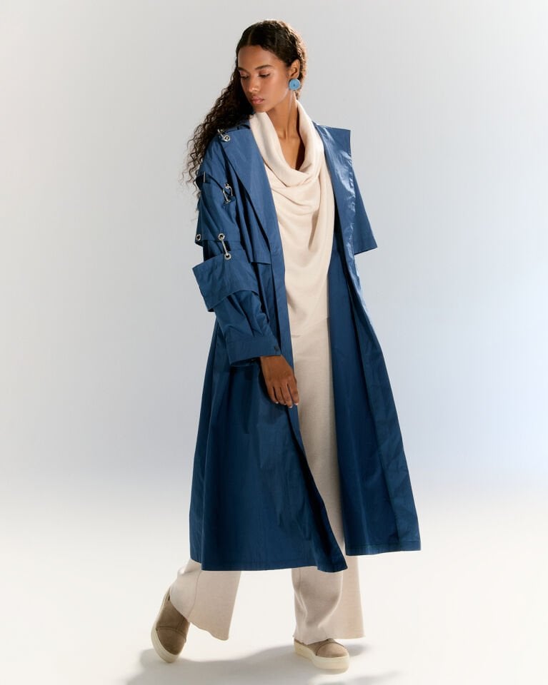 Oversize Mavi Trençkot – Mevsimlik Uzun Kadın Mont