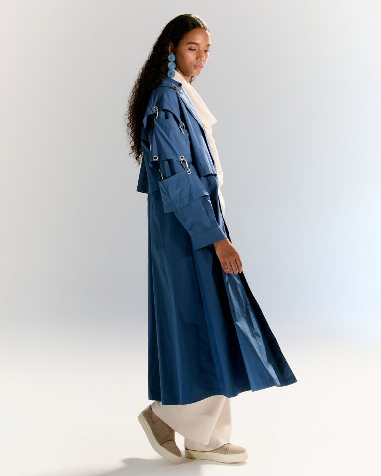 Oversize Mavi Trençkot – Mevsimlik Uzun Kadın Mont