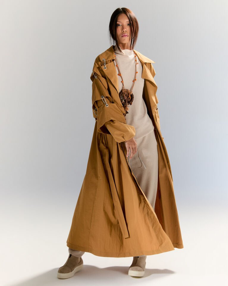 Oversize Karamel Rengi Trençkot – Mevsimlik Uzun Kadın Mont