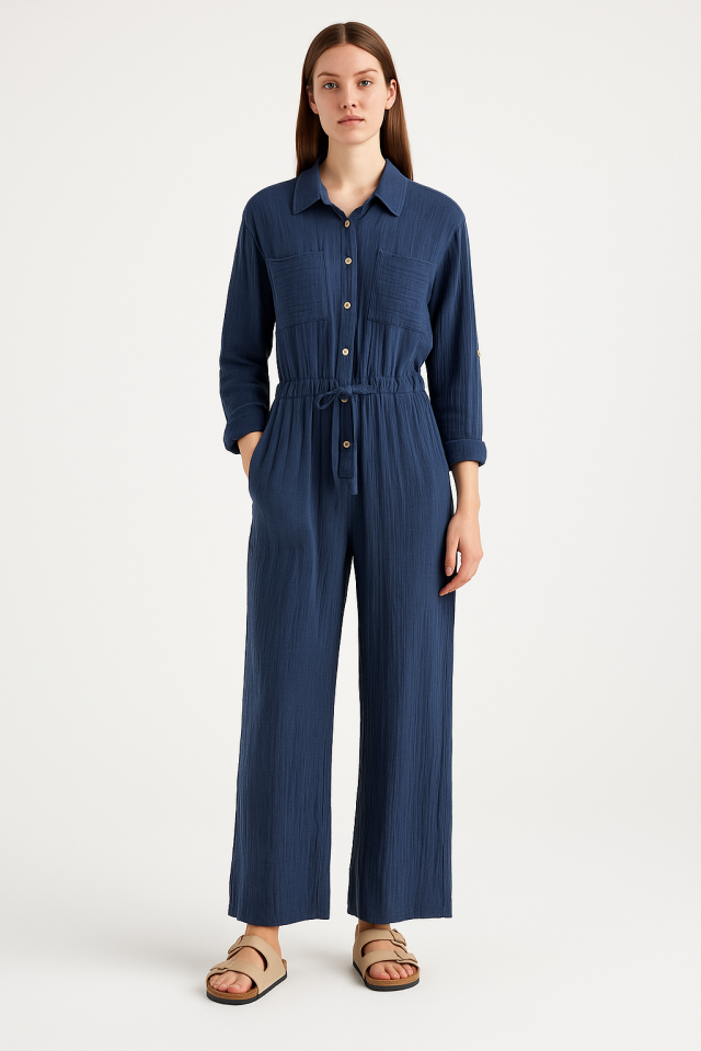 Lacivert Uzun Kollu Cepli Pamuk Tulum