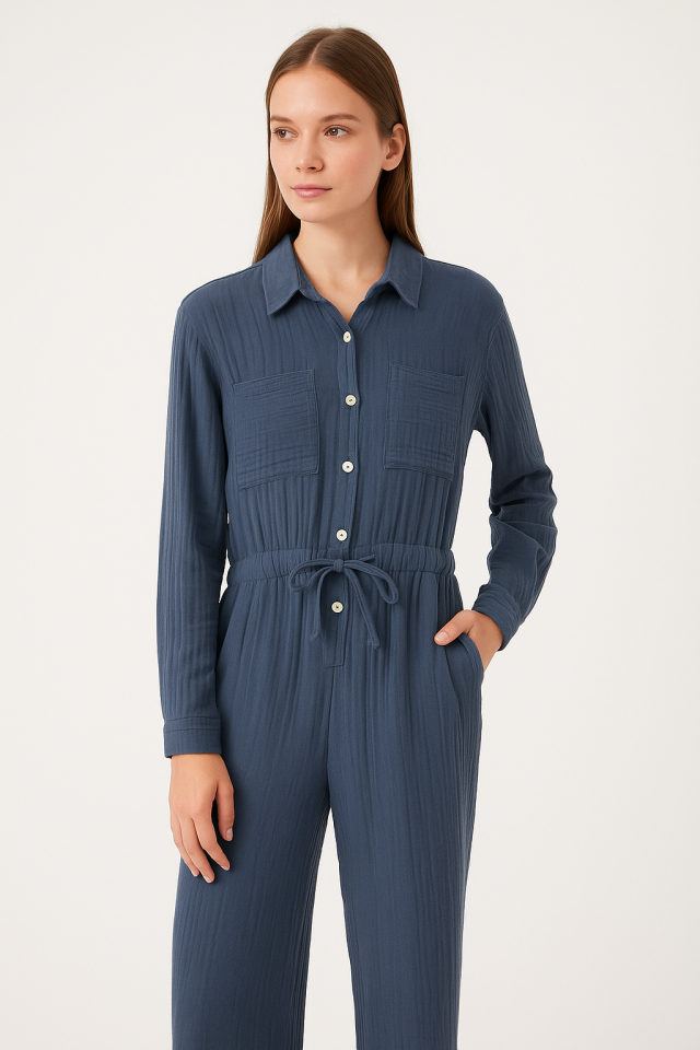 Lacivert Uzun Kollu Cepli Pamuk Tulum