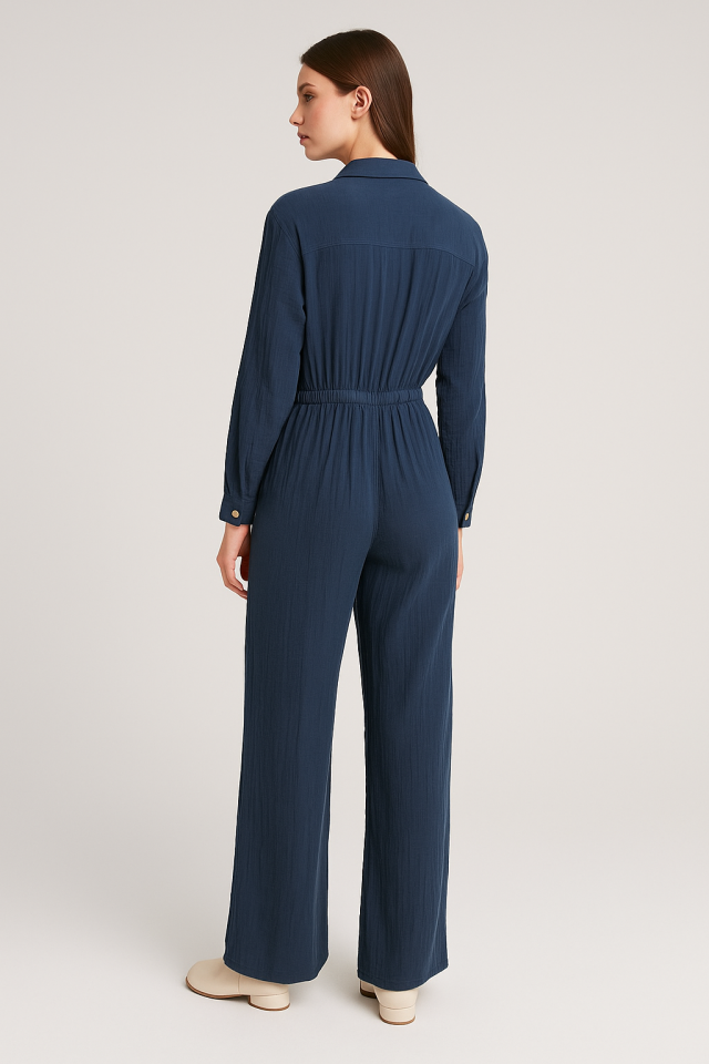 Lacivert Uzun Kollu Cepli Pamuk Tulum