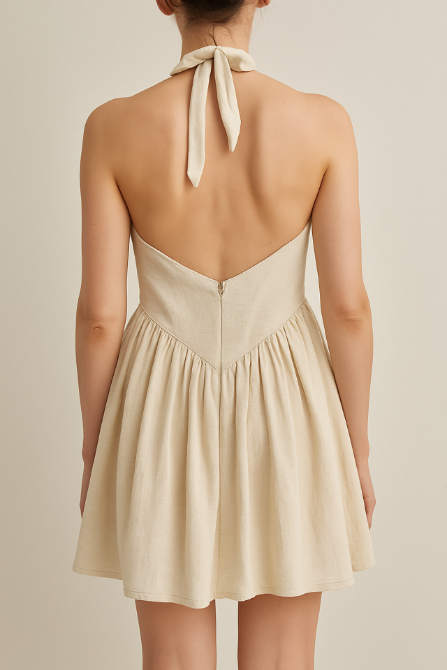 Bej Keten Askılı Mini Elbise