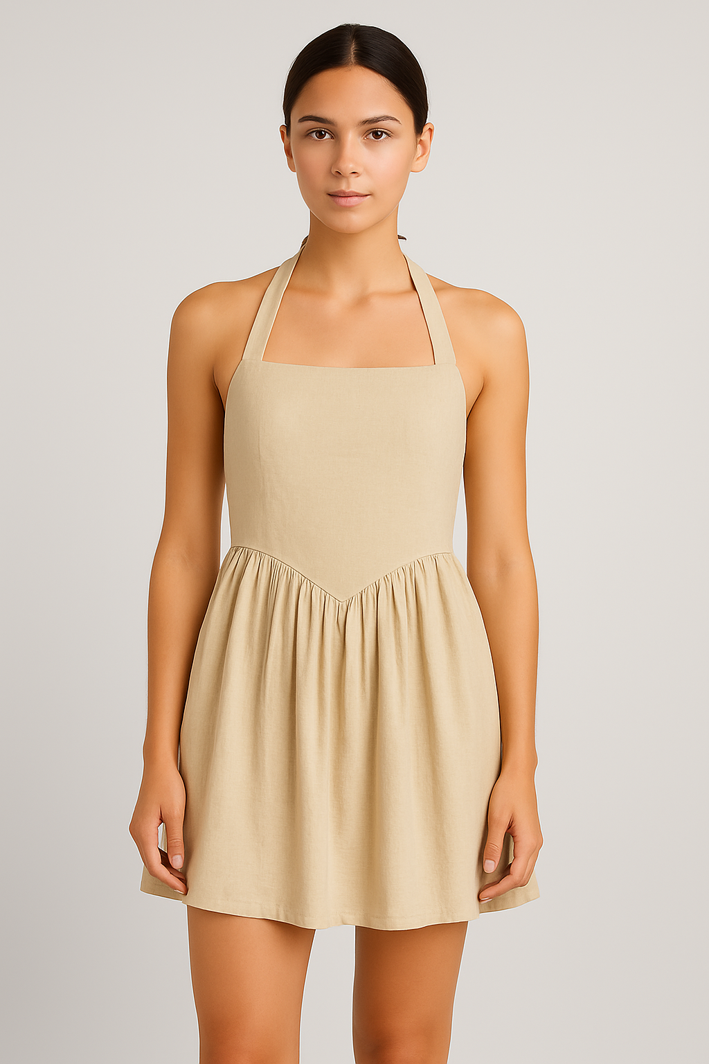 Bej Keten Askılı Mini Elbise