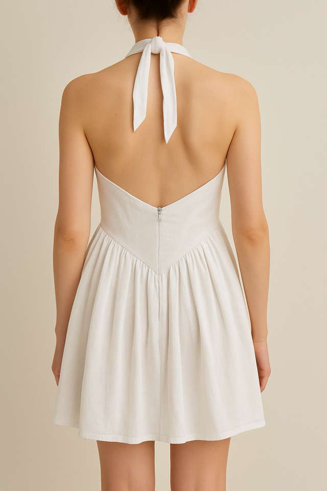Beyaz Keten Askılı Mini Elbise