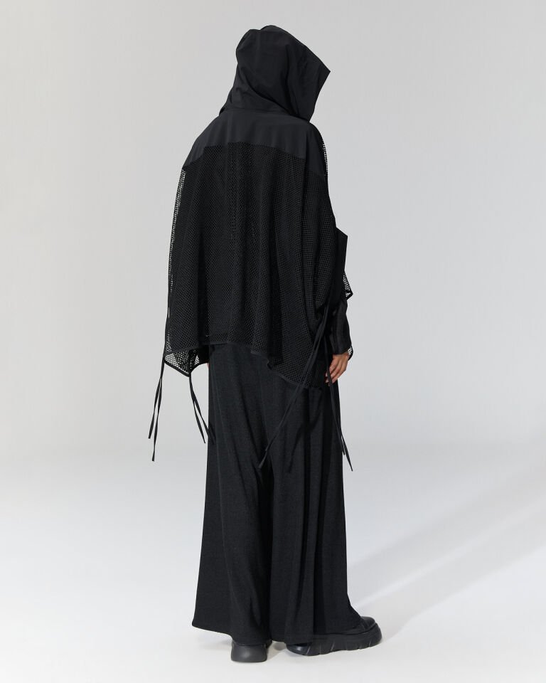 Kapşonlu File Siyah Ceket