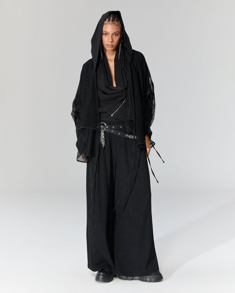 Kapşonlu File Siyah Ceket